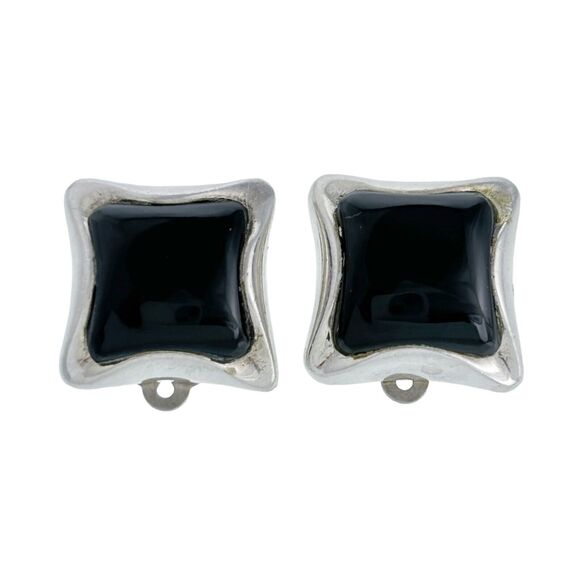 Vintage Barse Sterling Silver 925 Square Pillow Black Onyx Clip On Earrings - Picture 1 of 4